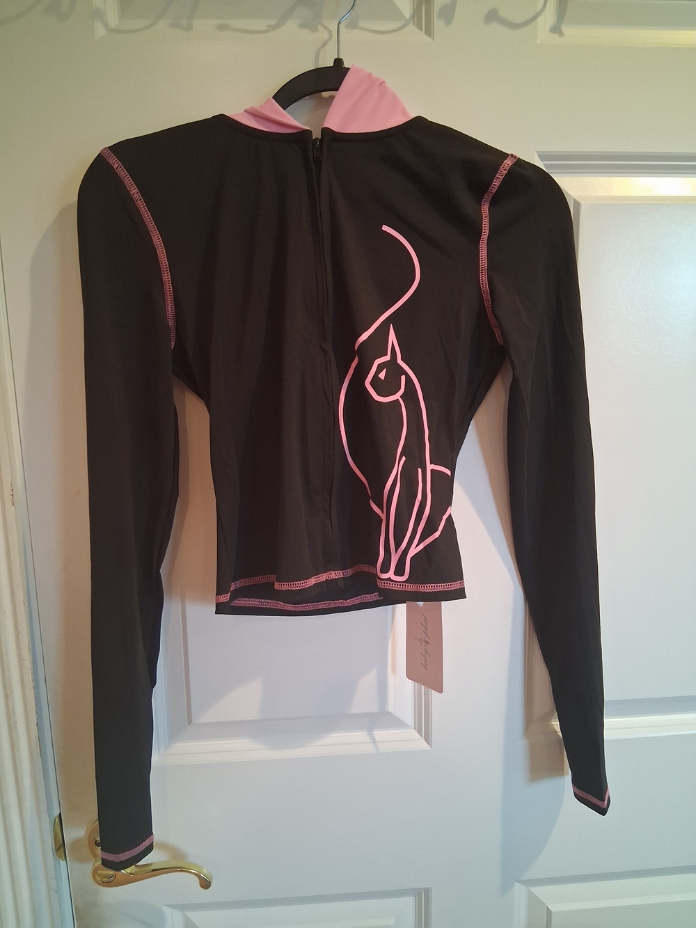 Black & Pink Long-Sleeve Hoodie Top with Cat Graphic